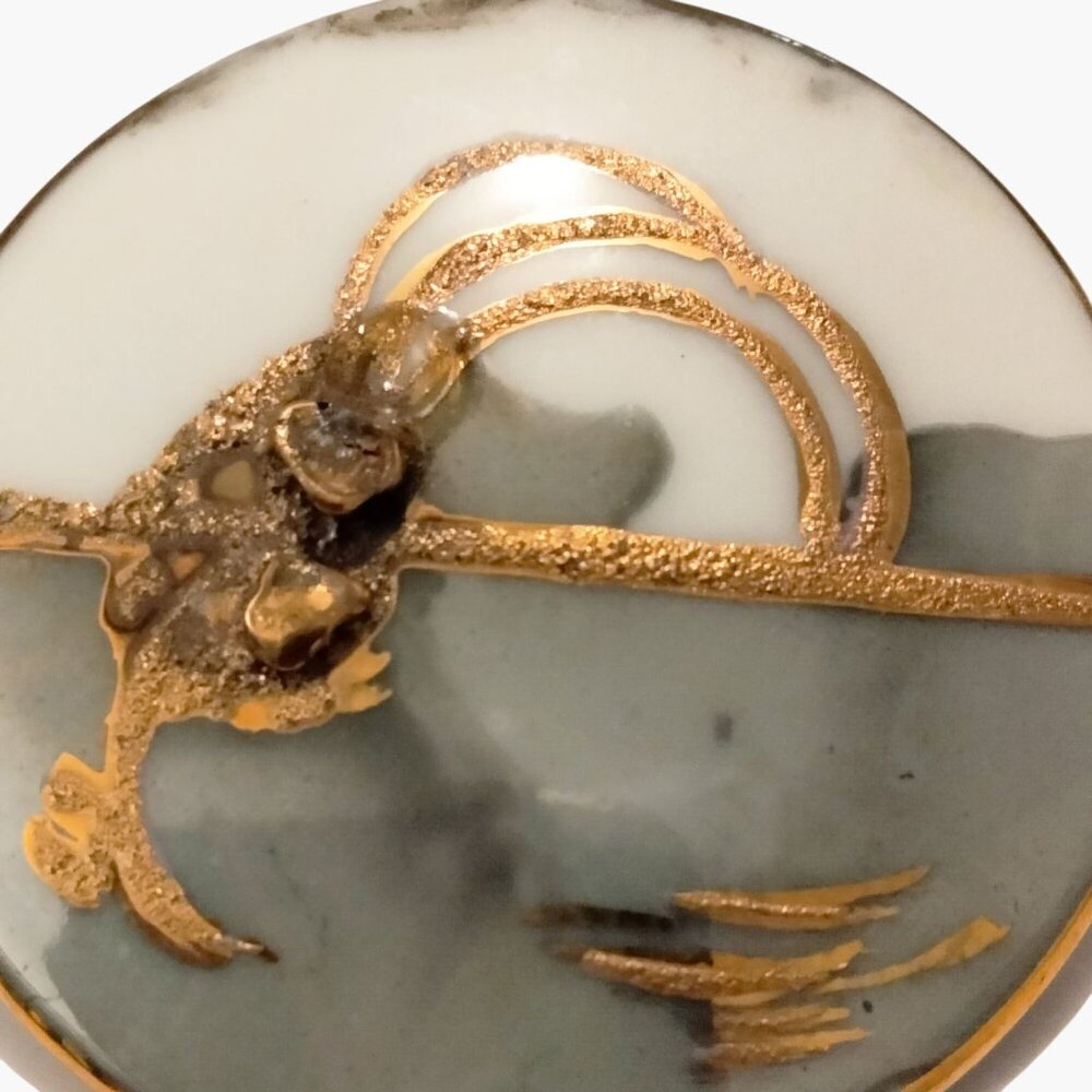 Vintage Round Brooch Abstract Artisan Gold Design White Gray Enamel Porcelain